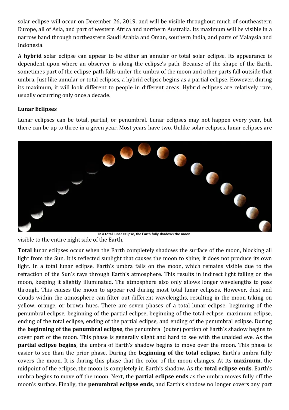 Eclipse article on hybrid solar eclipses and total lunar eclipse phases, with a photo sequence of a reddened eclipsed moon
