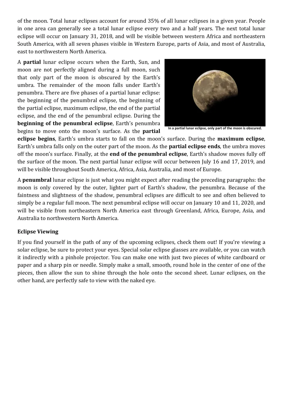 Eclipse article end: partial and penumbral lunar eclipses, plus safe viewing tips such as building a pinhole projector