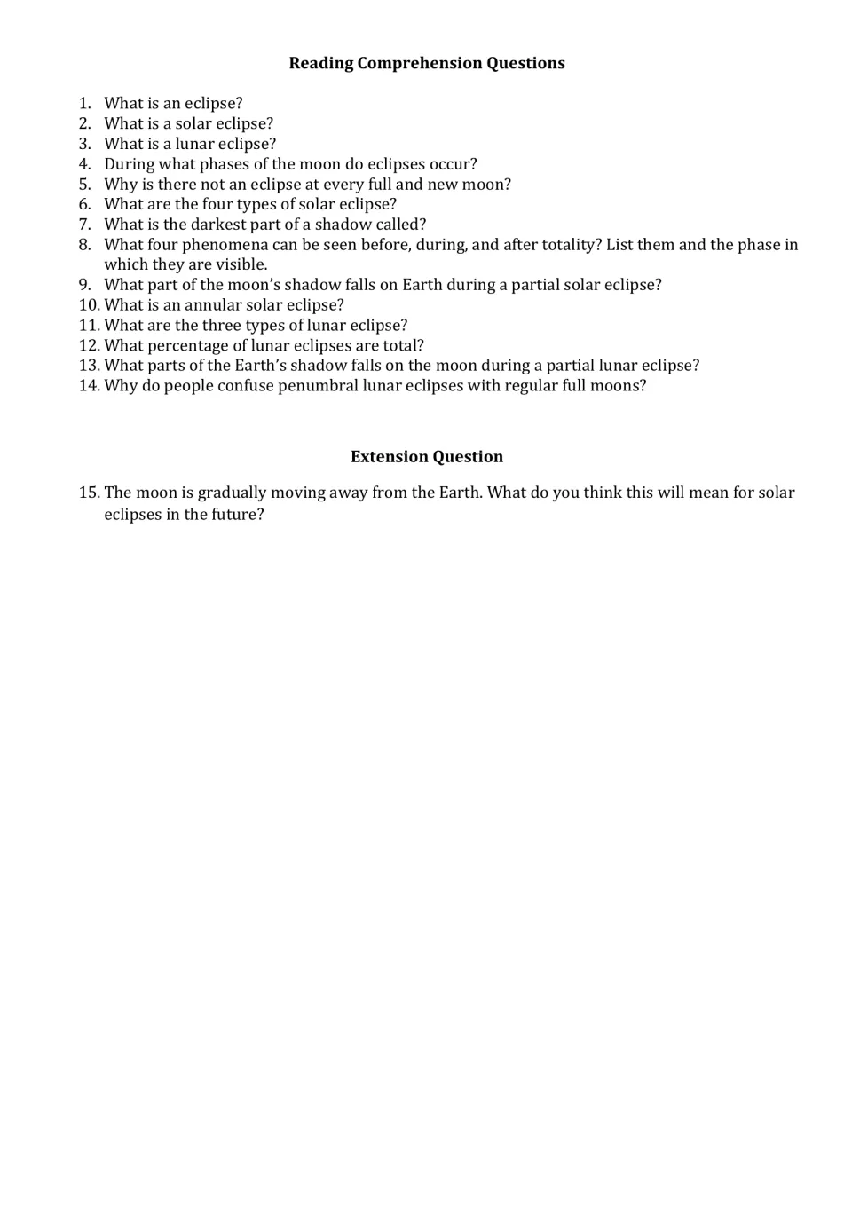 Reading comprehension: students answer 14 questions on eclipse types, umbra and penumbra, plus one extension question