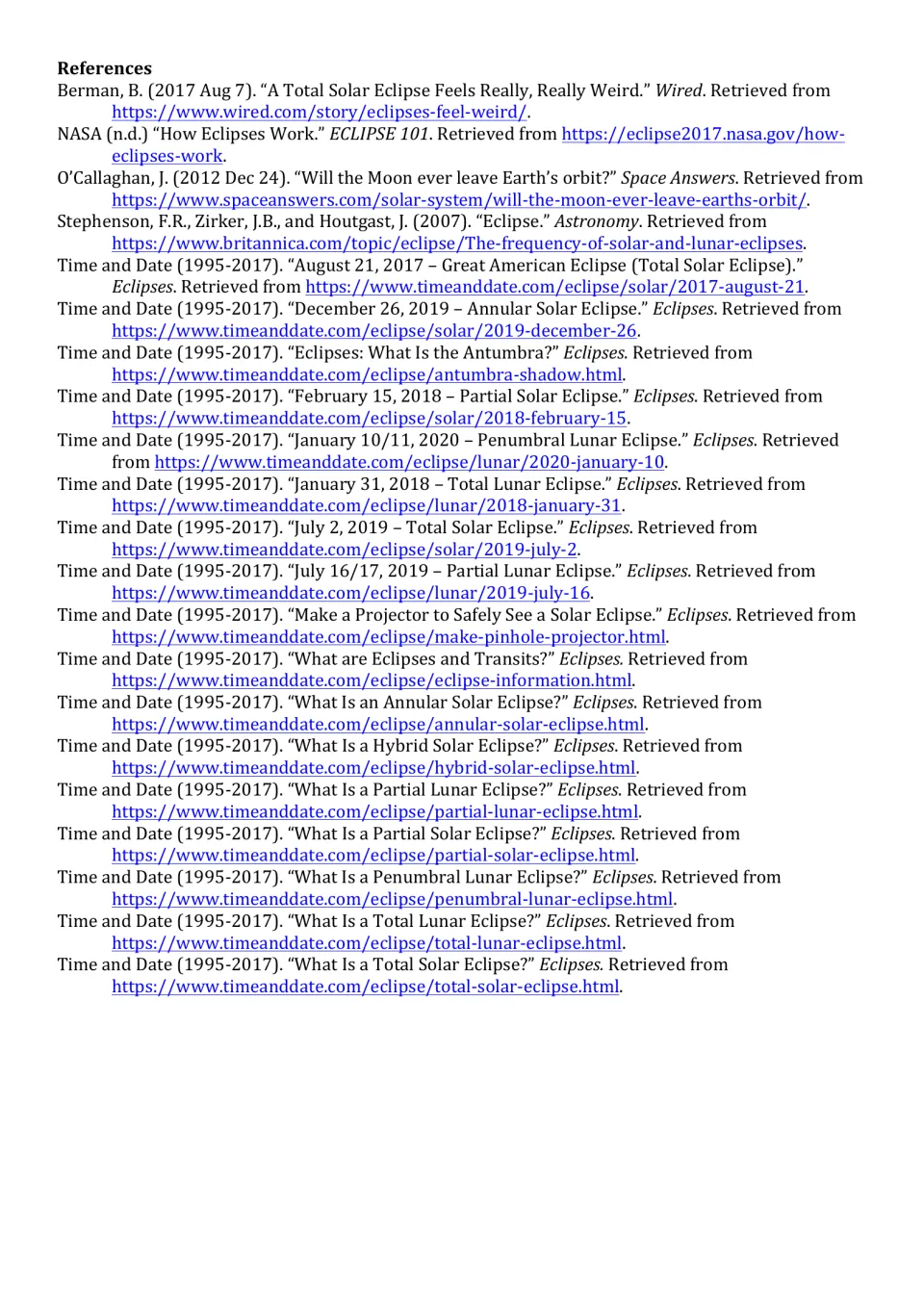 References list citing Wired, NASA, Britannica and Time and Date sources on eclipses used for the reading article