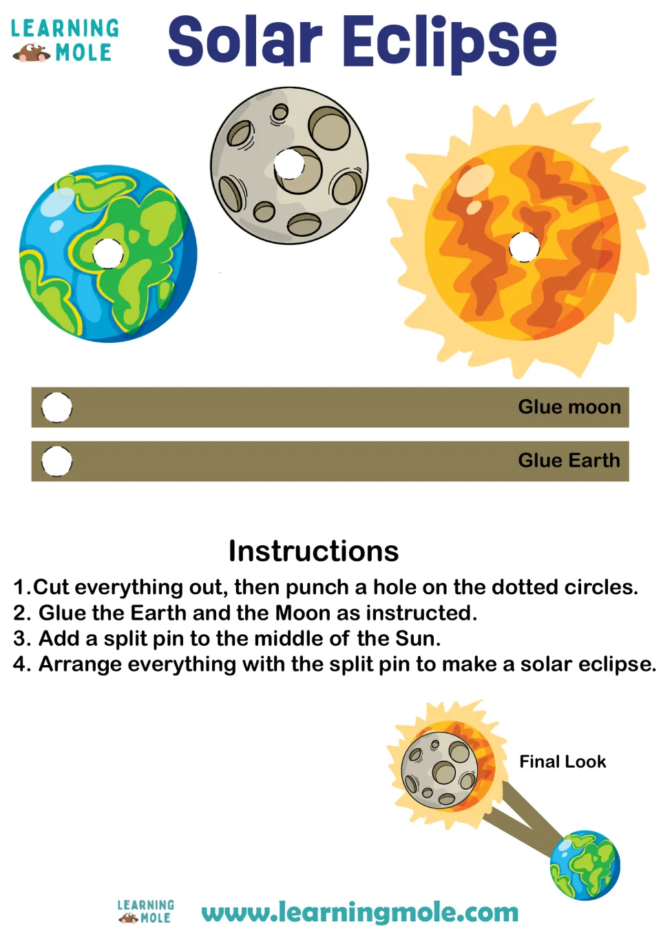 Solar eclipse model craft: students cut out Sun, Moon and Earth, glue them to strips and join with a split pin