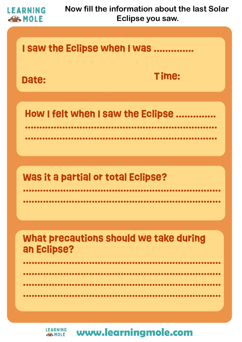 Eclipse reflection: students record when they saw an eclipse, how they felt, if it was partial or total, and precautions