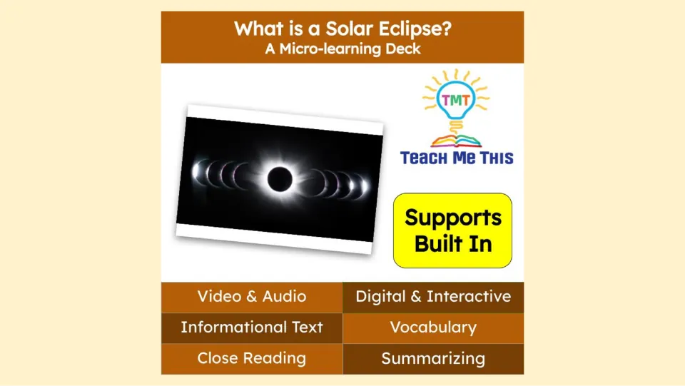 Cover of the solar eclipse micro-learning deck, listing video, audio, reading, vocabulary, and summarizing