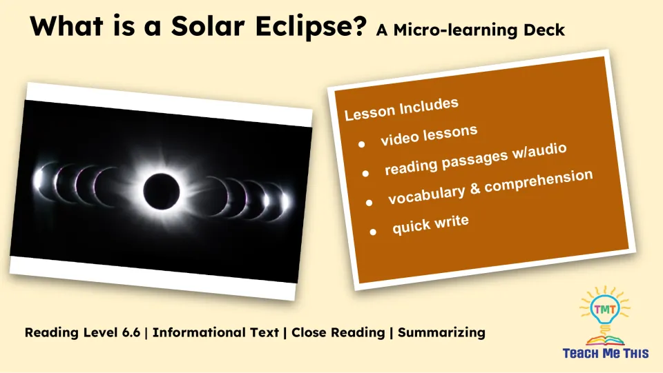 Lesson overview listing video lessons, reading passages with audio, vocabulary, comprehension, and quick write