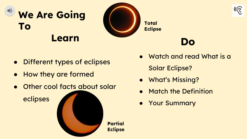 Learning objectives introduce eclipse types and formation, followed by reading and vocabulary tasks