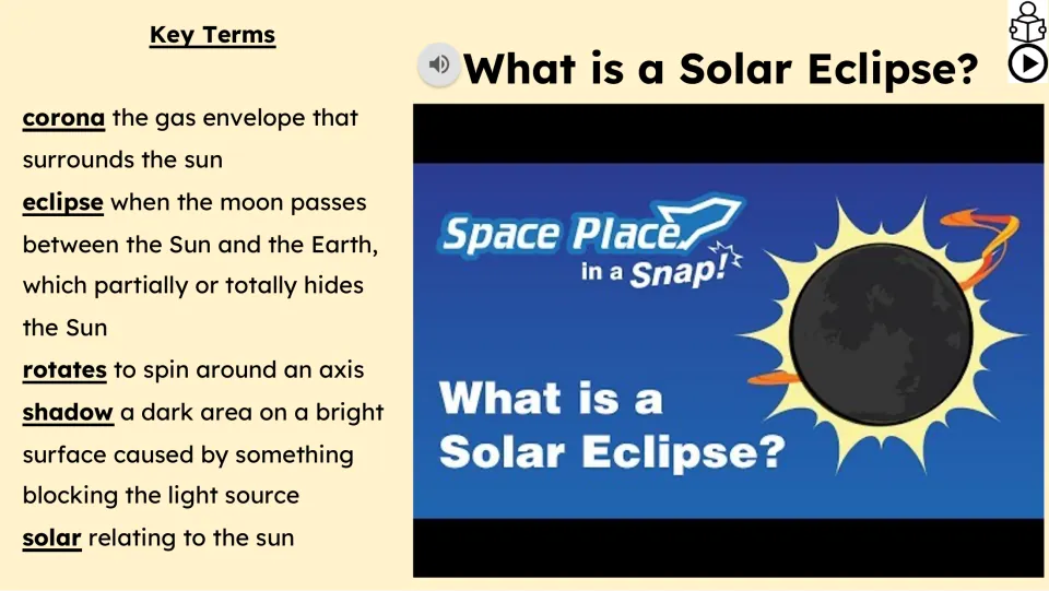 Vocabulary and video page defining corona, eclipse, rotates, shadow, and solar beside a Space Place video