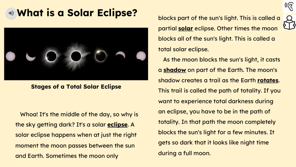 First reading page explains partial and total solar eclipses, the moon's shadow, and the path of totality