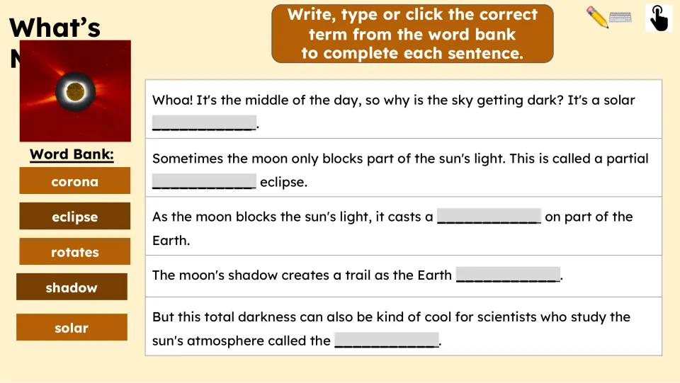 Missing-word practice uses corona, eclipse, rotates, shadow, and solar to complete five reading sentences