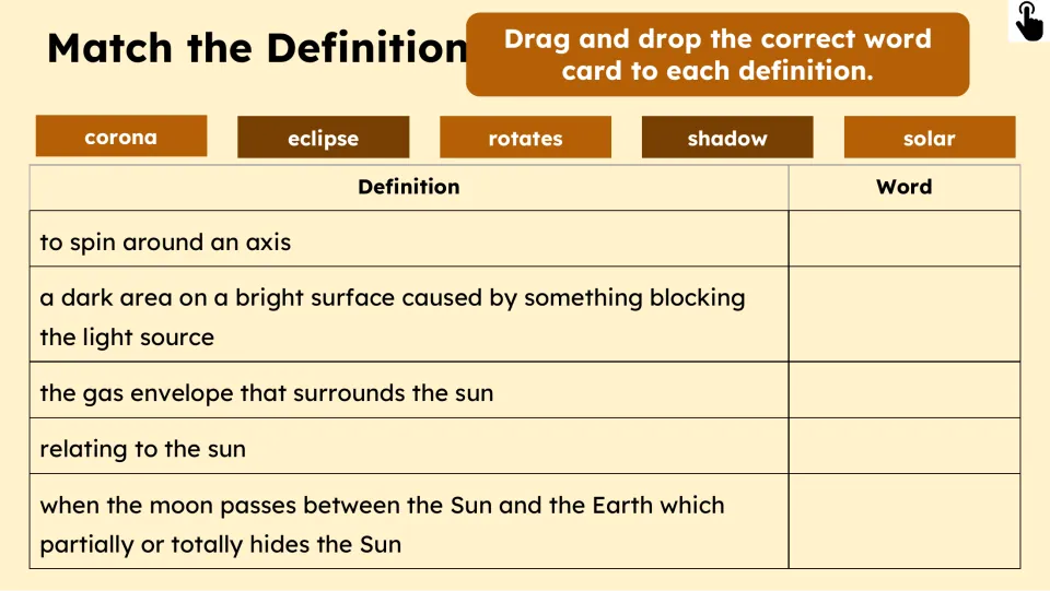 Vocabulary matching practice asks students to pair corona, eclipse, rotates, shadow, and solar with definitions