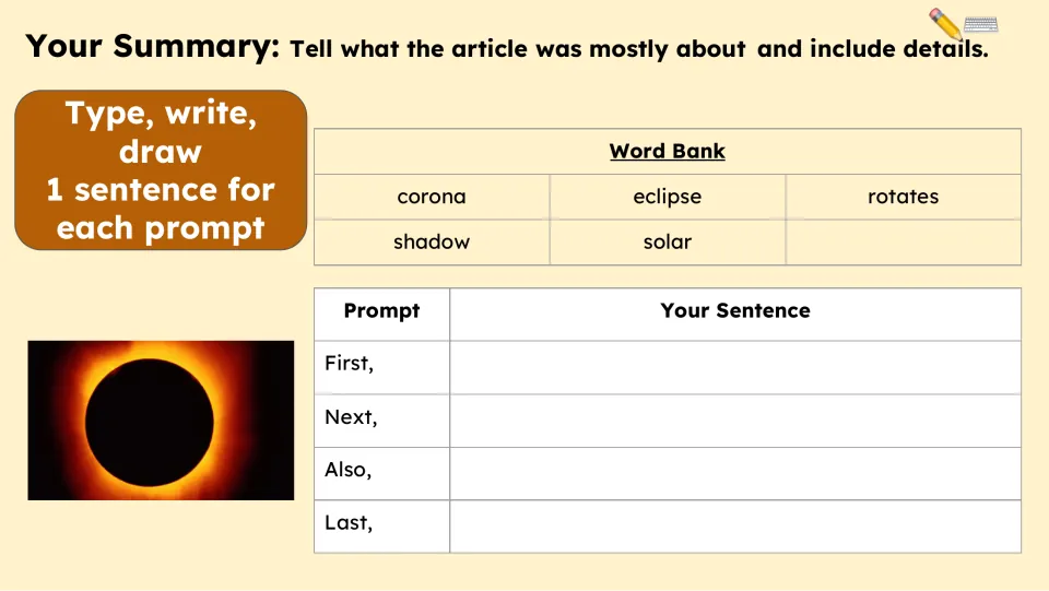Summary writing page asks for one sentence per prompt: First, Next, Also, and Last, using a lesson word bank
