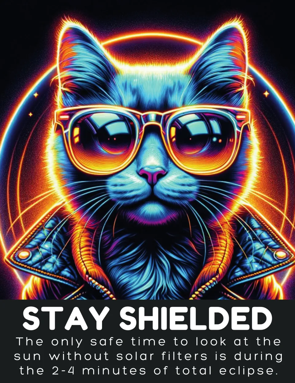 Eclipse safety poster 'Stay Shielded' states that solar filters may be removed during total eclipse.
