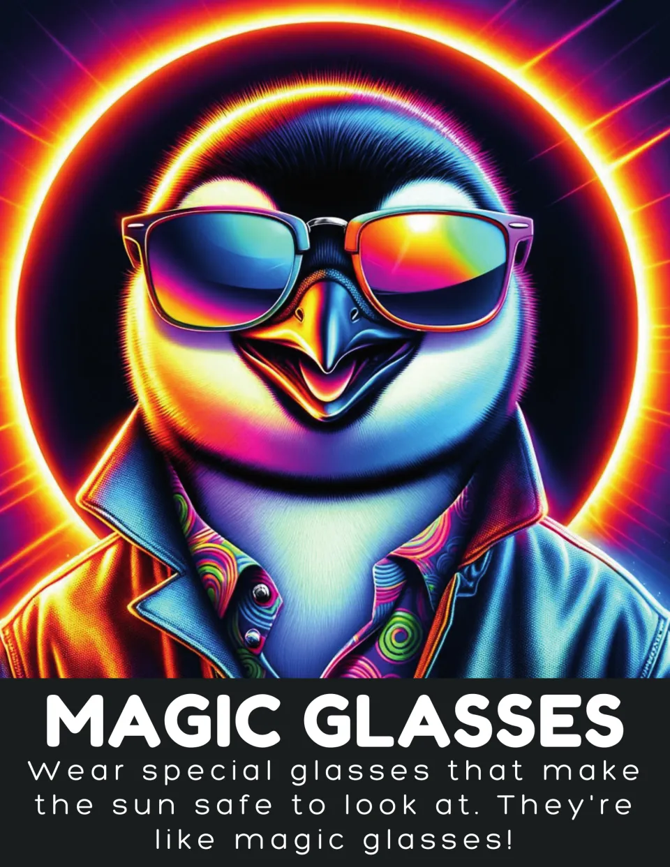 Eclipse safety poster 'Magic Glasses' tells readers to wear special glasses for looking at the sun.