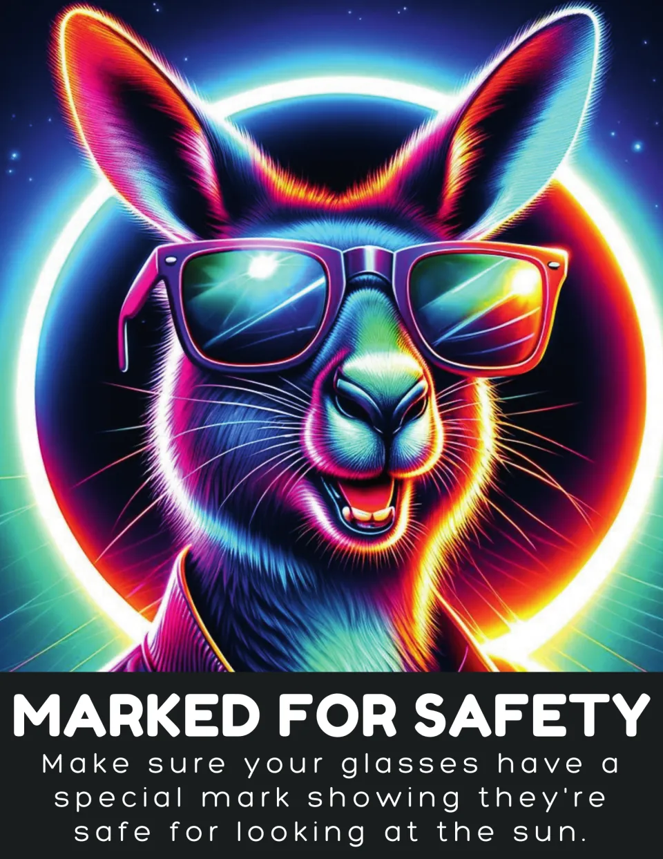 Eclipse safety poster 'Marked for Safety' tells readers to check their glasses for a special safety mark.