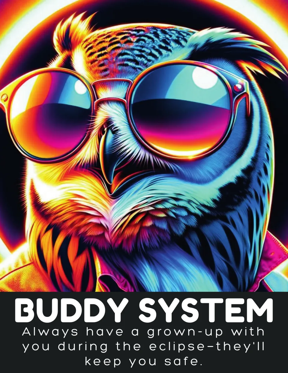 Eclipse safety poster 'Buddy System' tells readers to always have a grown-up with them during the eclipse.