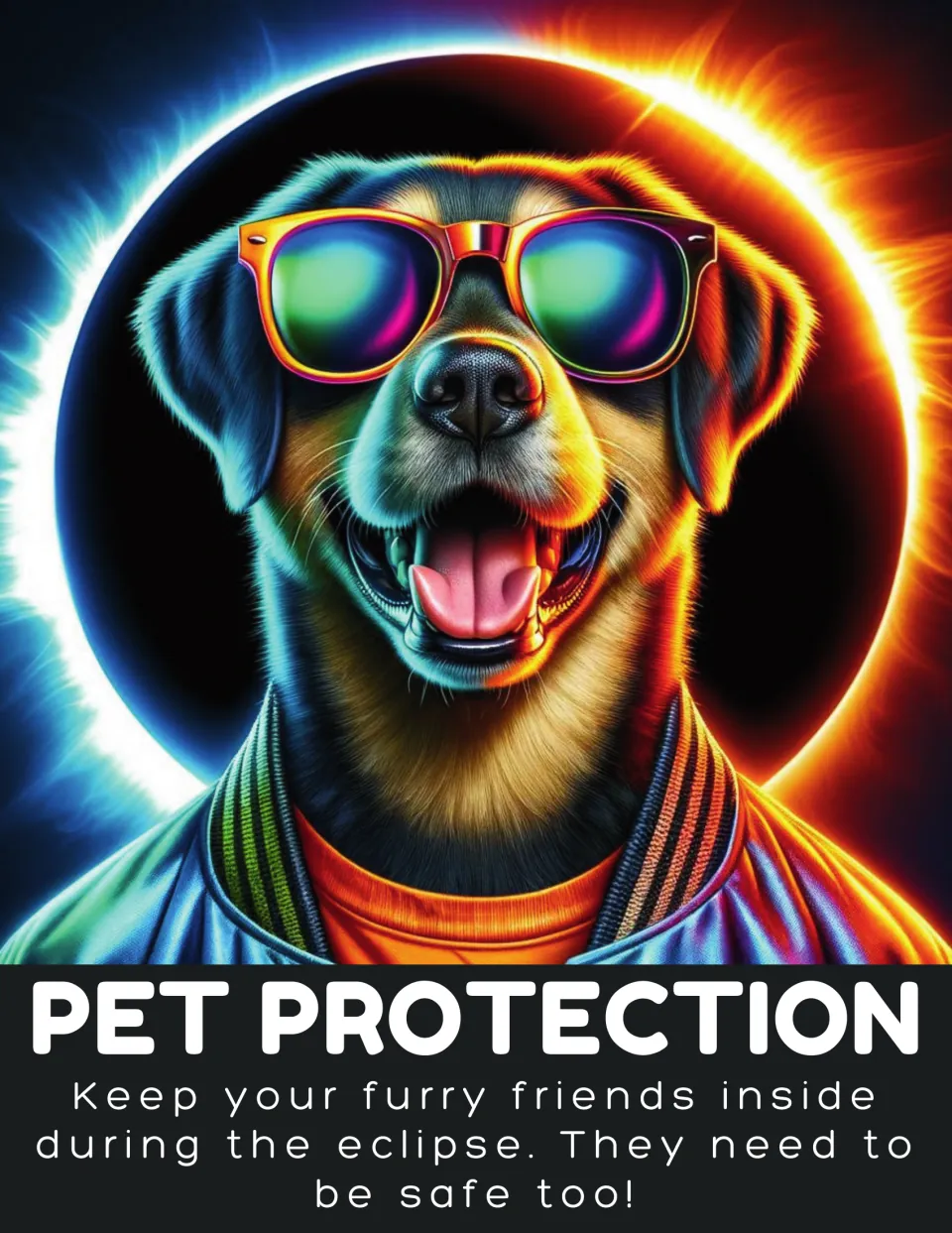 Eclipse safety poster 'Pet Protection' tells readers to keep their furry friends inside during the eclipse.