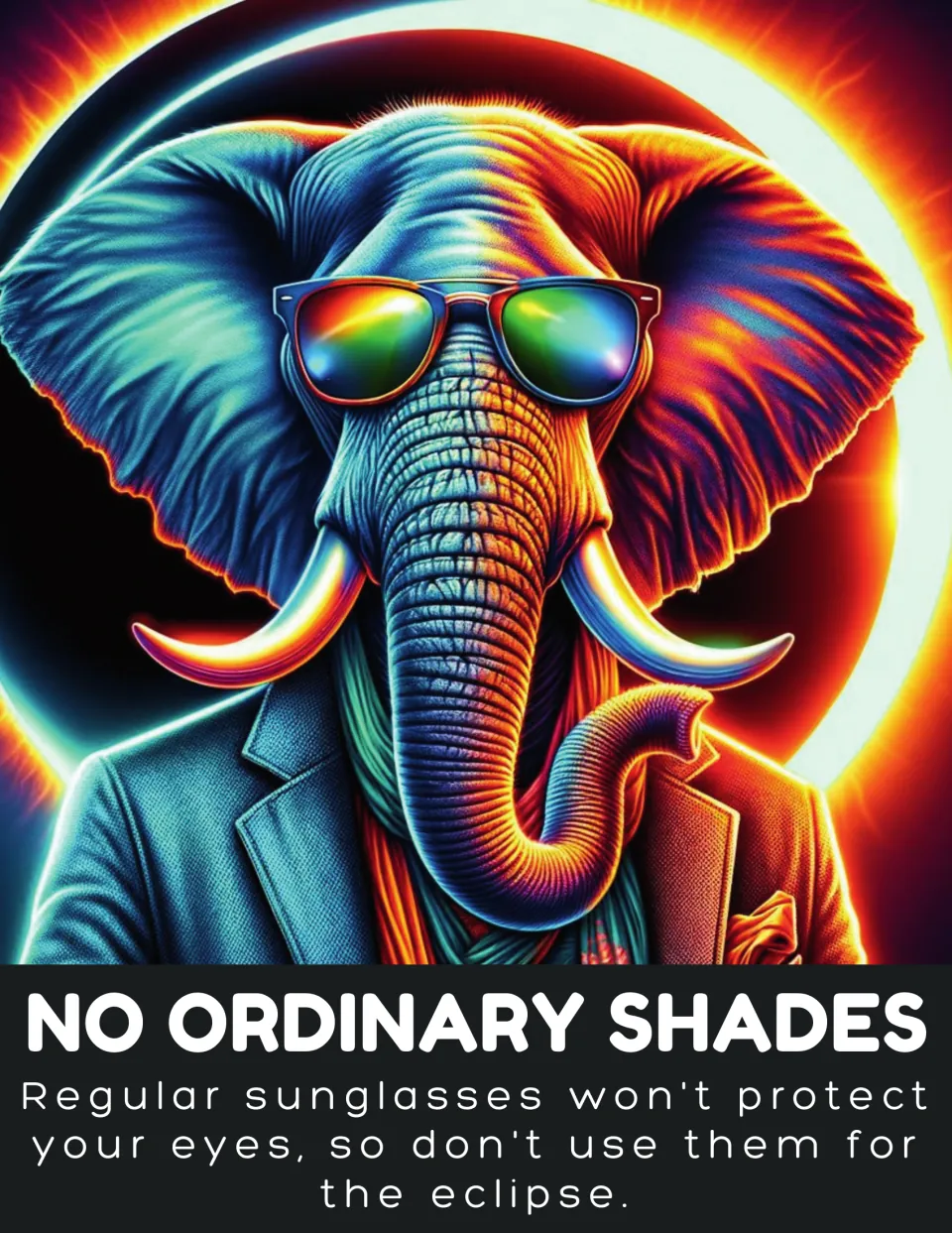 Eclipse safety poster 'No Ordinary Shades' says regular sunglasses will not protect eyes during eclipse viewing.