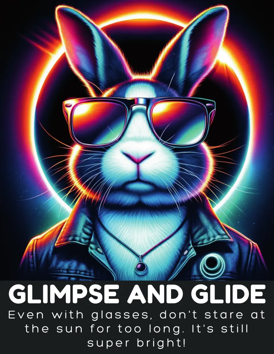 Eclipse safety poster 'Glimpse and Glide' tells readers not to stare at the sun too long, even with glasses.