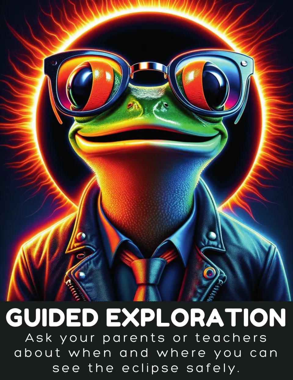 Eclipse safety poster 'Guided Exploration' says to ask parents or teachers when and where to view safely.