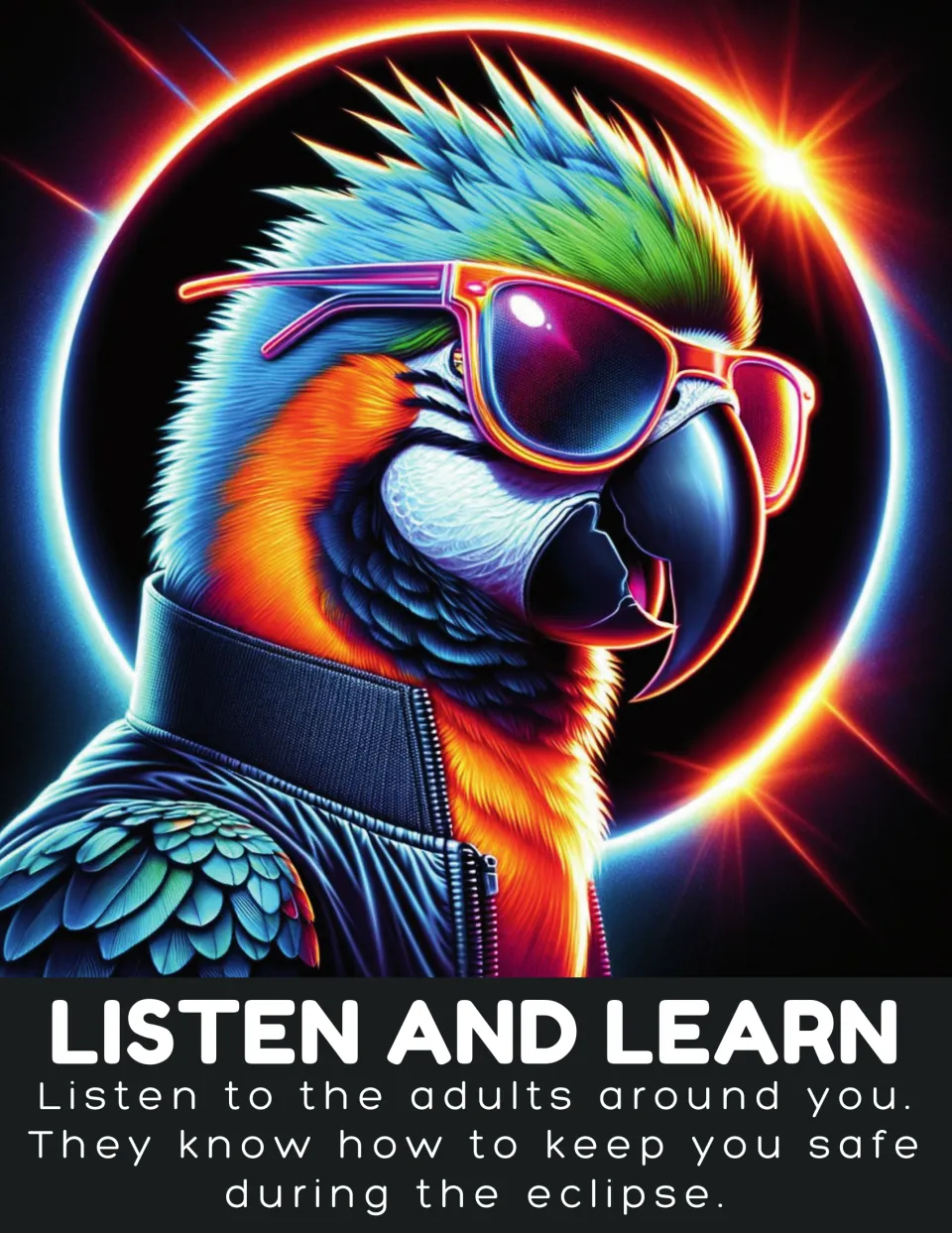 Eclipse safety poster 'Listen and Learn' tells readers to listen to adults about staying safe during the eclipse.
