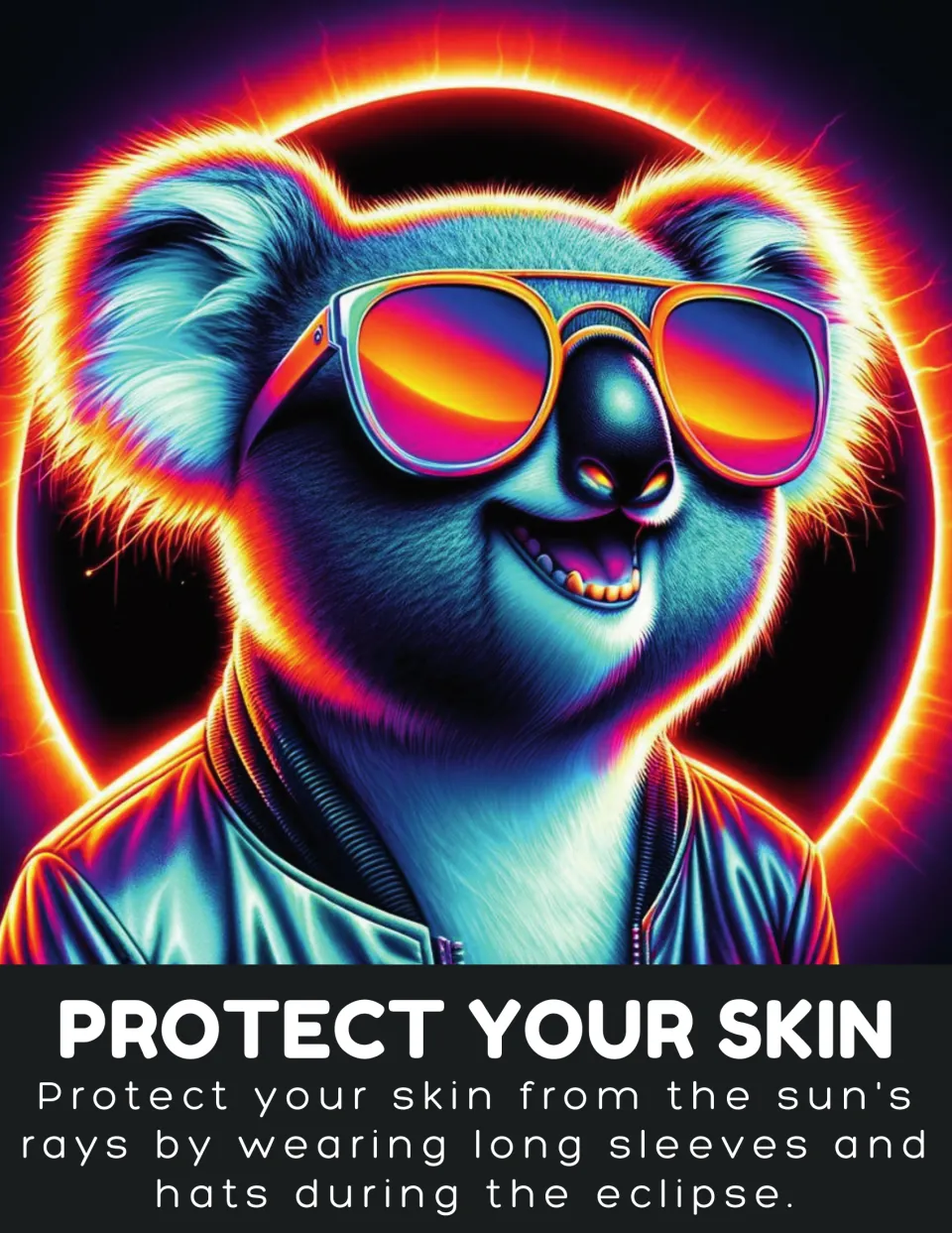 Eclipse safety poster 'Protect Your Skin' tells readers to wear long sleeves and hats during the eclipse.