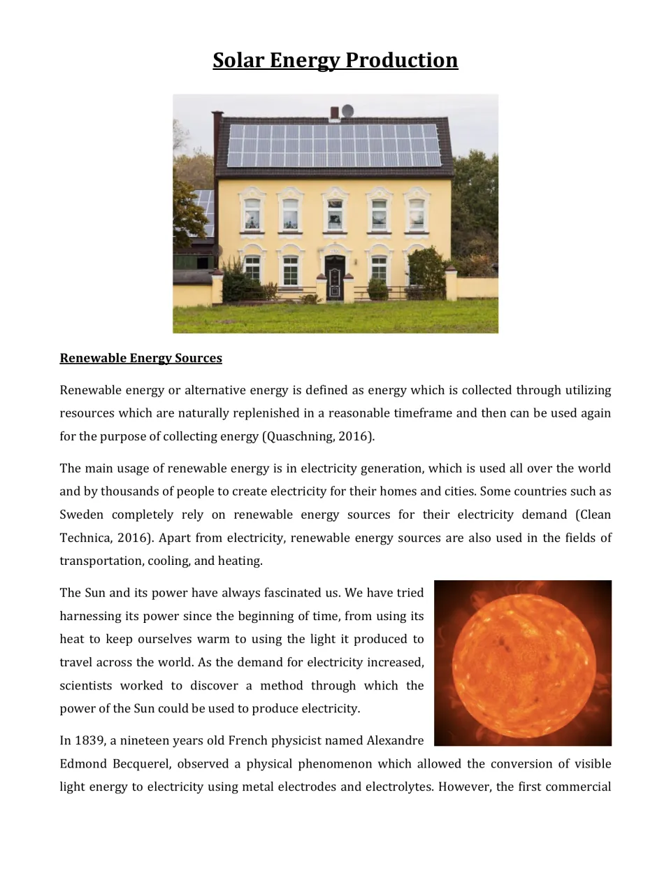 Solar energy reading: students read about renewable sources, the Sun and Becquerel's 1839 discovery, with solar house photo