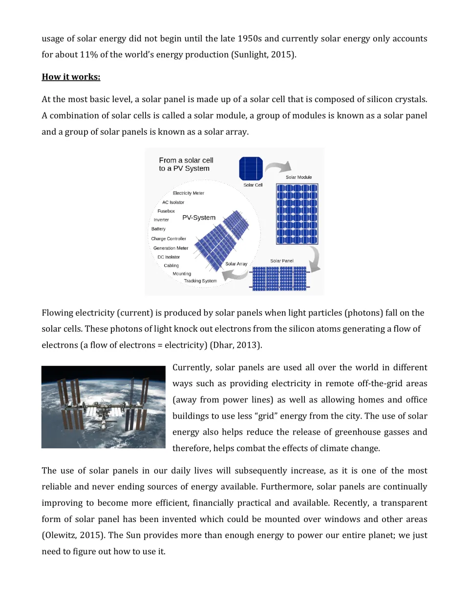 How solar panels work: students read how photons free electrons, with a solar cell to PV system diagram and ISS photo