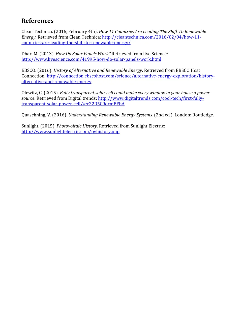 References list citing sources in the solar article, including Clean Technica, Live Science, EBSCO and Quaschning (2016)