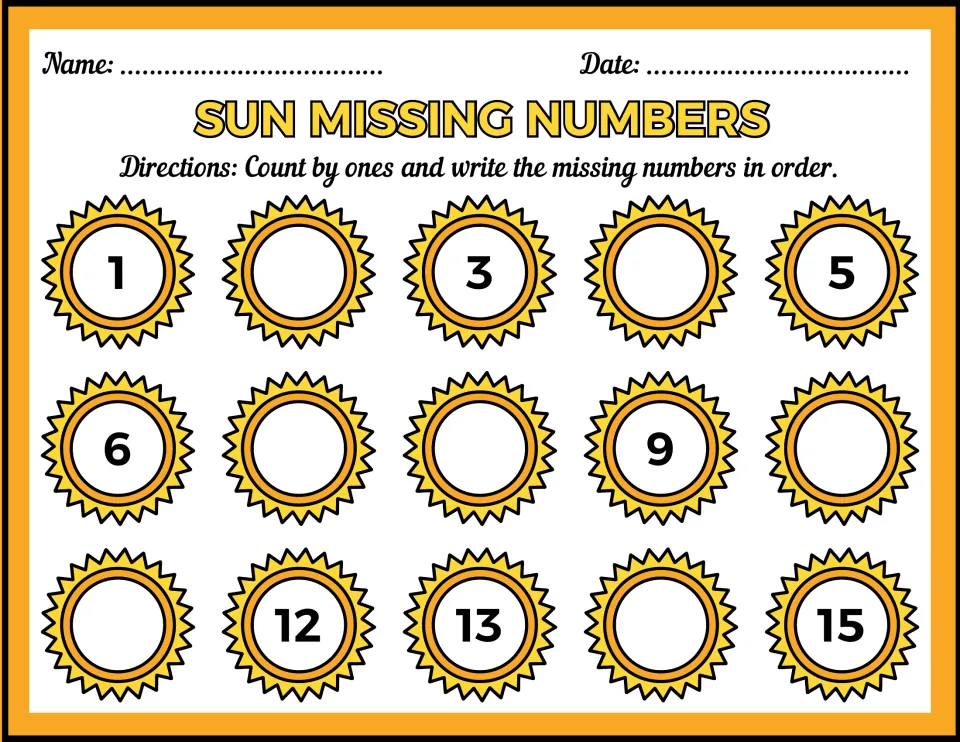 Sun missing numbers 1 to 15: students count by ones and write the 7 missing numbers in the blank suns, in order