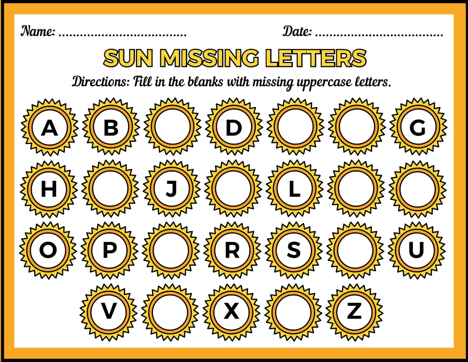 Missing uppercase letters: students write the 11 capital letters left out of the A to Z sequence in blank suns
