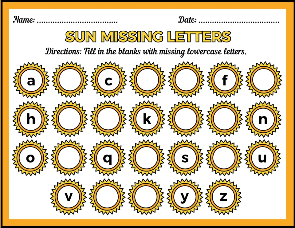 Missing lowercase letters: students fill in the 13 small letters left out of the a to z sequence in blank suns