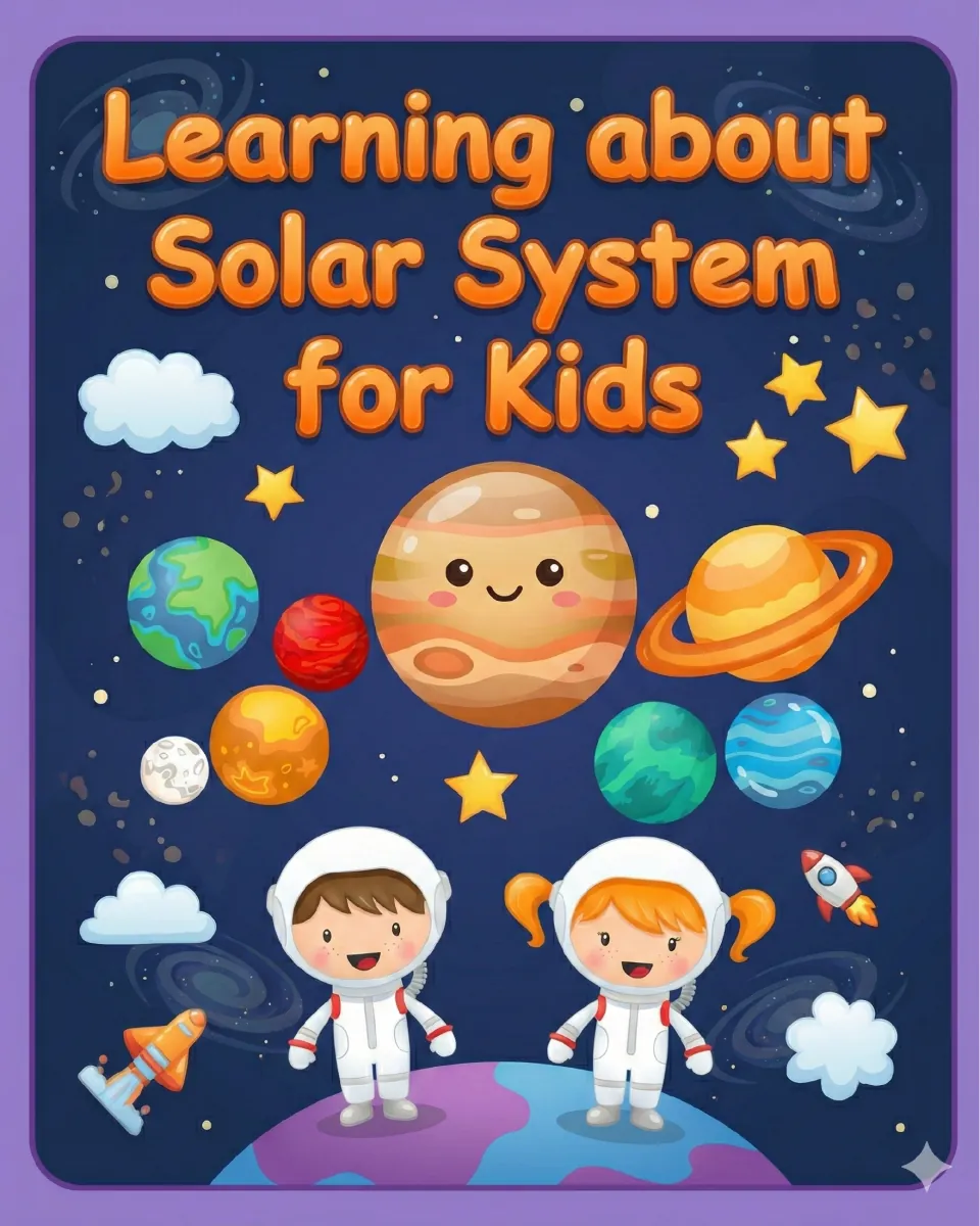 Learning about Solar System for Kids cover showing cartoon planets, stars, a rocket and two child astronauts