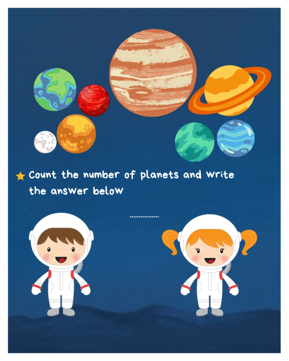 Planet counting: students count the colorful planets shown above two astronauts and write the total on the answer line