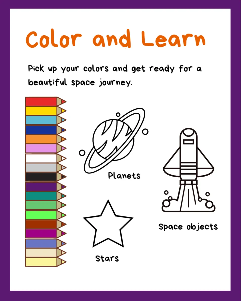 Color and Learn intro: a row of colored pencils beside outline drawings of a planet, a star and a rocket to color in