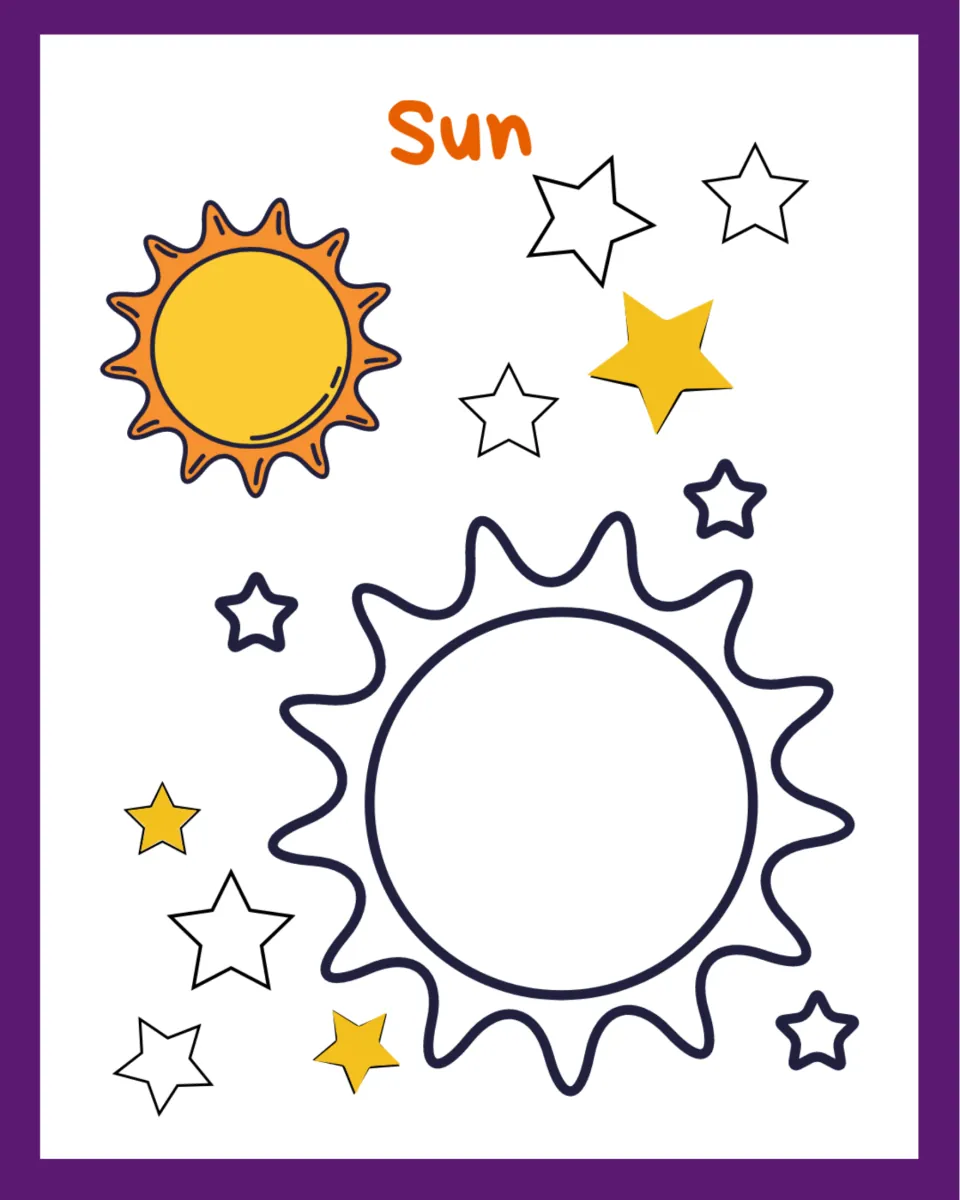 Sun coloring page: students color a large outlined sun and stars, using the small colored sun at top as a model