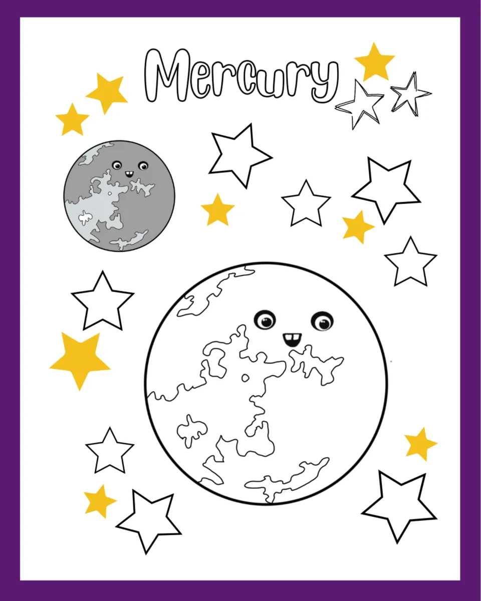 Mercury coloring page: students color a large smiling Mercury outline and stars, copying the gray model planet shown