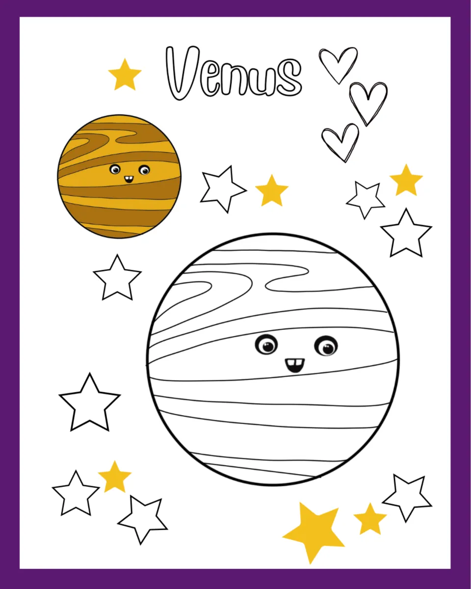 Venus coloring page: students color a large striped Venus outline with a face, matching the golden model planet