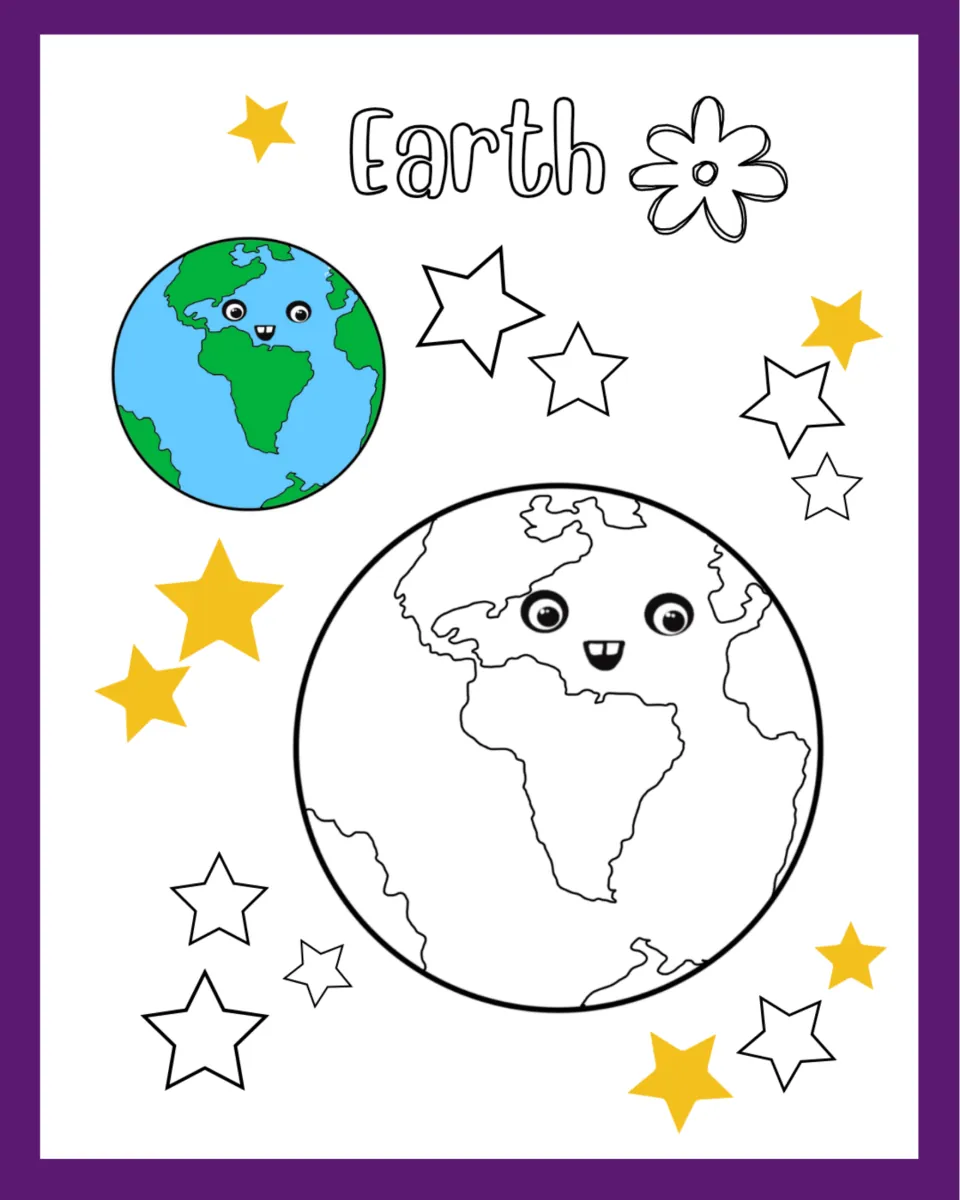 Earth coloring page: students color the land and oceans on a large smiling Earth outline, using the blue-green model