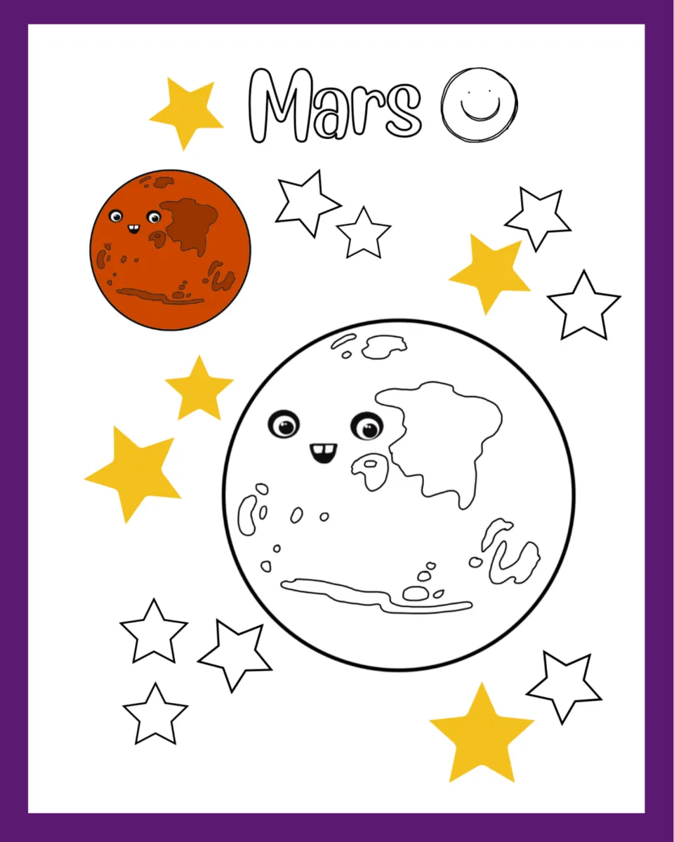 Mars coloring page: students color a large smiling Mars outline and stars, following the red-orange model planet