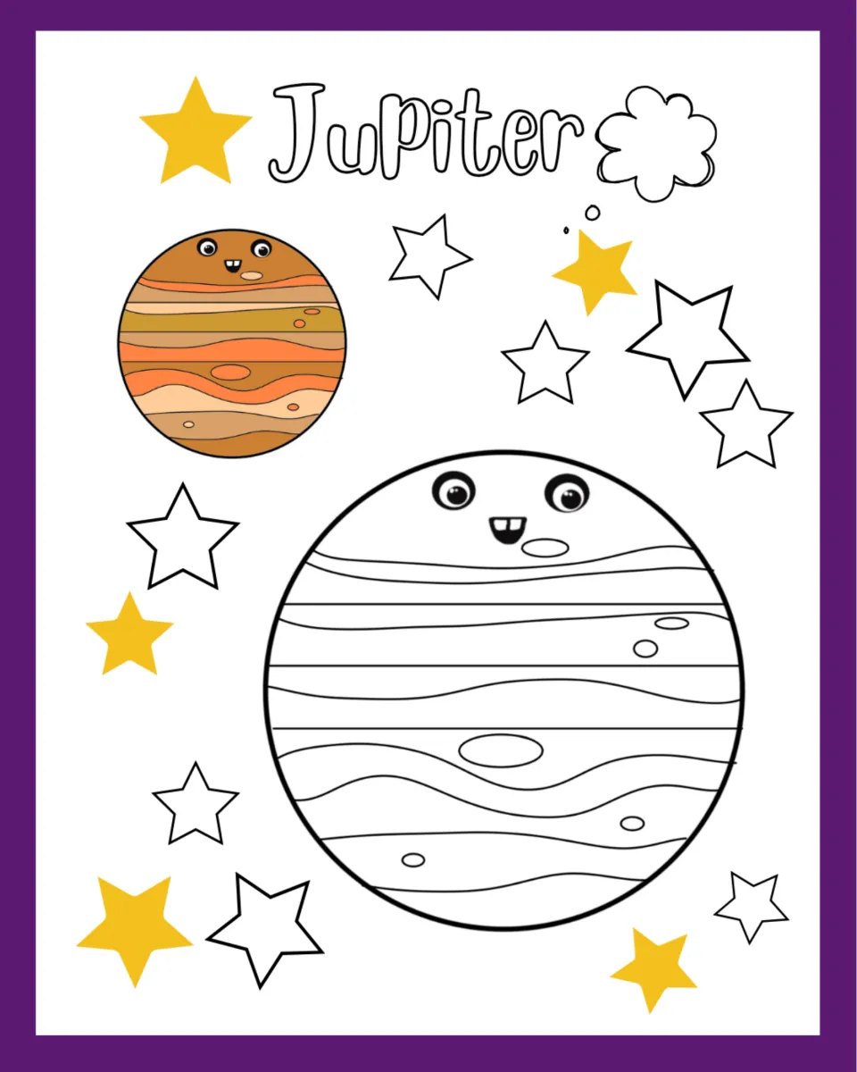 Jupiter coloring page: students color the bands and spots on a large Jupiter outline, matching the banded model