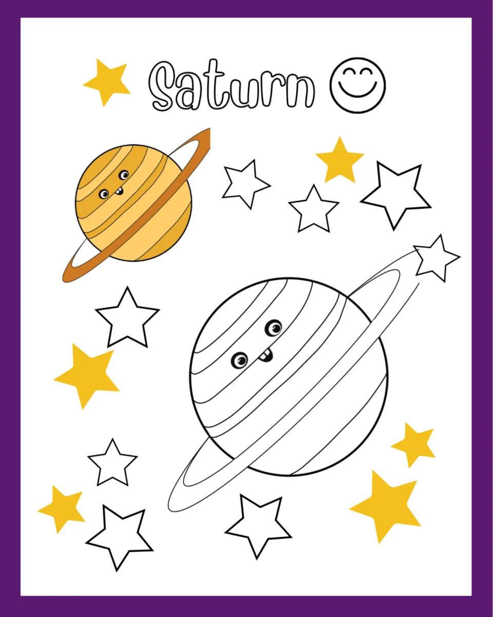 Saturn coloring page: students color a large ringed Saturn outline with a face and stars, copying the yellow model