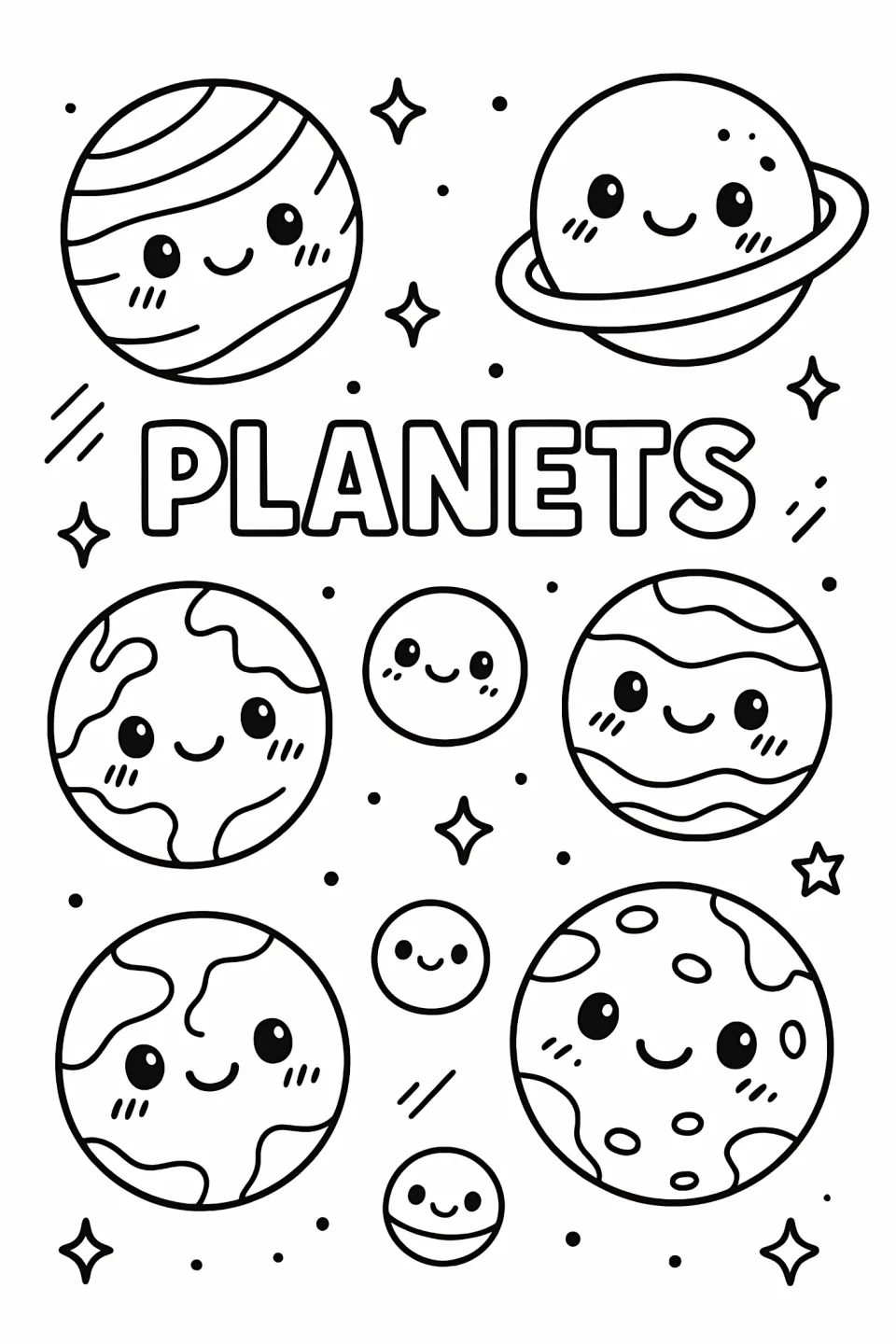 Planet coloring sheet headed PLANETS, featuring nine smiling worlds with rings, stripes, spots, and land shapes