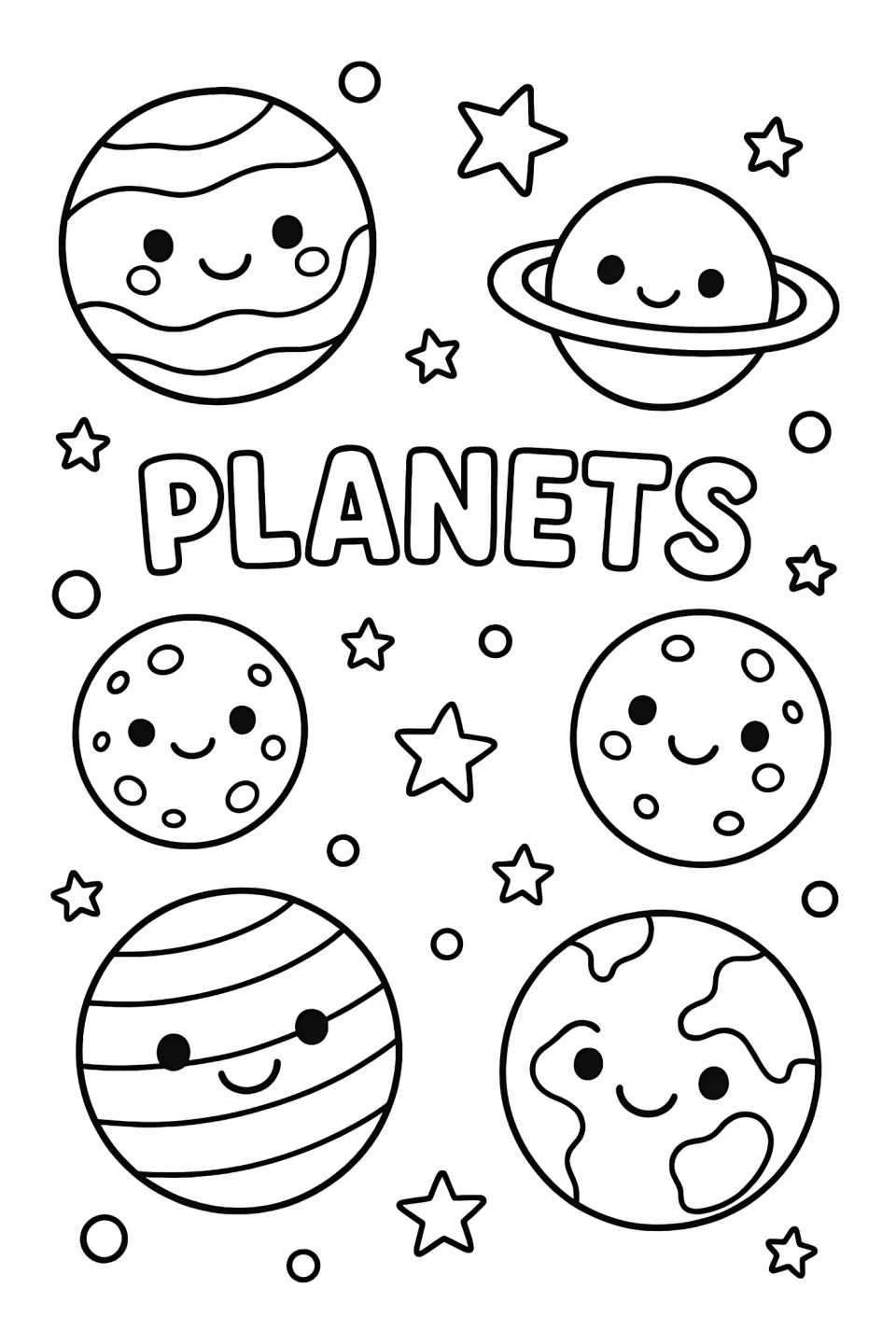 Planet coloring sheet headed PLANETS, featuring six smiling worlds, including two with crater-like circles