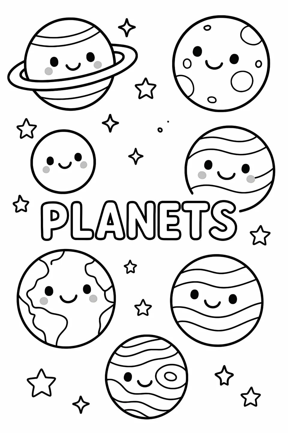 Planet coloring sheet headed PLANETS, featuring seven smiling worlds, including a striped world with an oval
