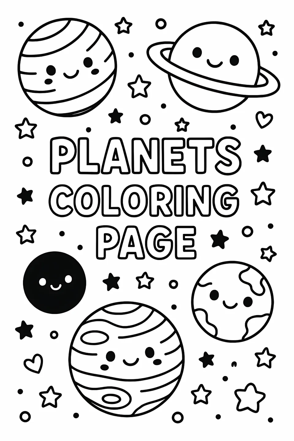Space coloring sheet titled PLANETS COLORING PAGE, featuring five smiling worlds, including a solid black one