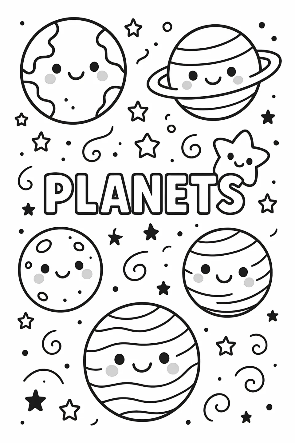 Planet coloring sheet headed PLANETS, featuring five smiling worlds with gray cheeks and a smiling star