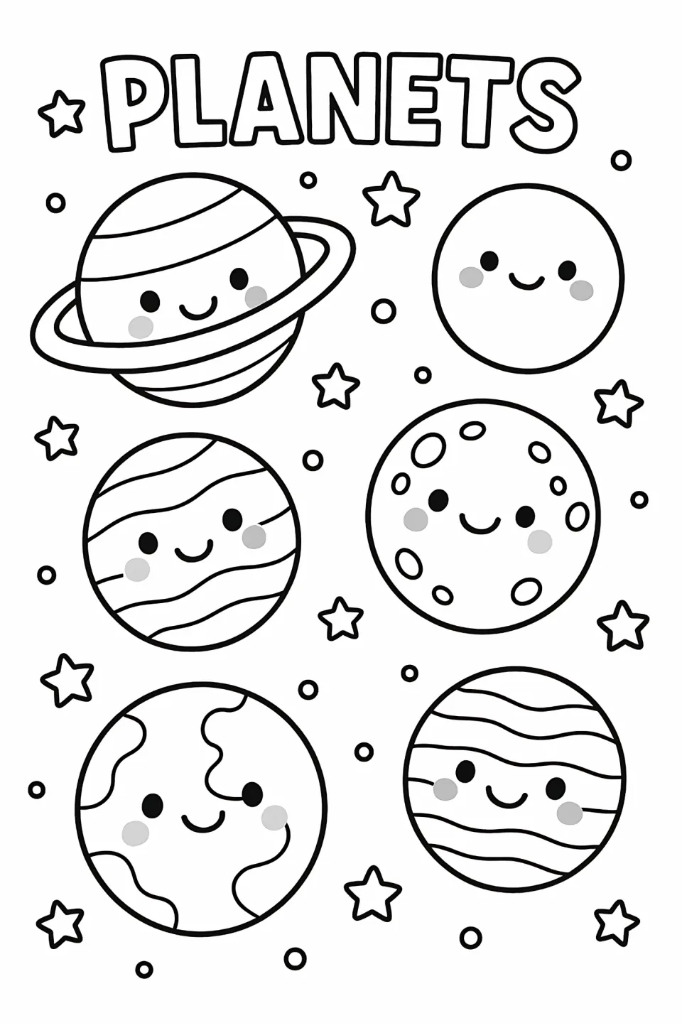 Planet coloring sheet headed PLANETS, featuring six smiling worlds with gray cheeks, rings, stripes, and spots