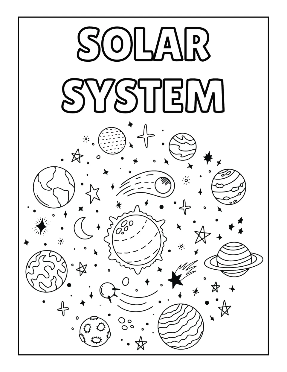 Solar system coloring scene: students color a sun ringed by planets, a crescent moon, comets, a satellite and stars
