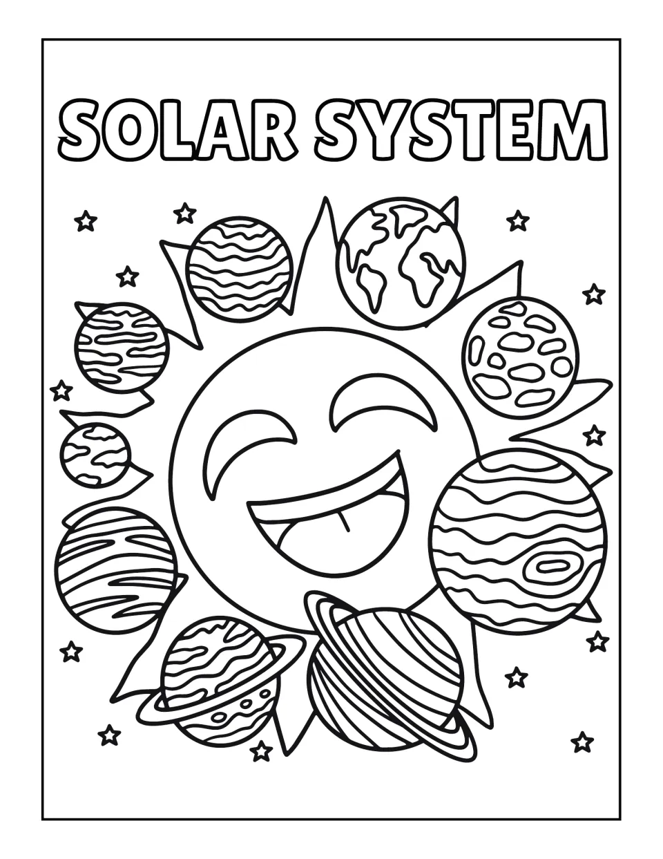 Smiling sun circled by planets: students color the laughing sun, Earth, two ringed planets and stars