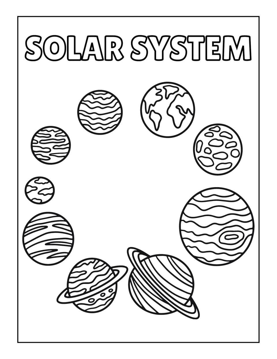Planets arranged in a circle with no sun: students color Earth, two ringed planets and several banded planets