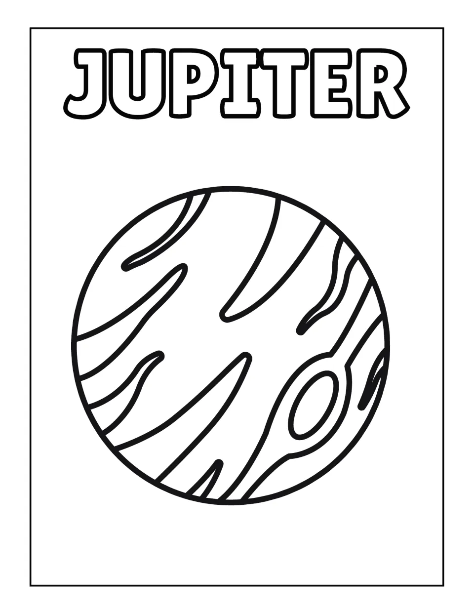 Jupiter coloring page: students color one large banded planet with its oval storm spot under a JUPITER title
